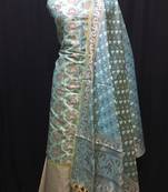 blue woven banarasi cotton unstitched salwar with dupatta