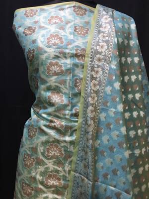 blue woven banarasi cotton unstitched salwar with dupatta 2