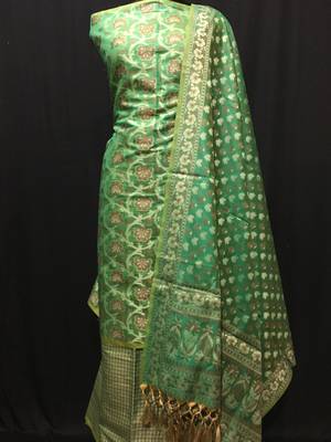 green woven banarasi cotton unstitched salwar with dupatta 1