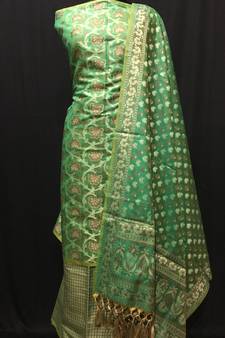 green woven banarasi cotton unstitched salwar with dupatta