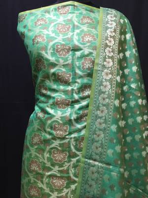 green woven banarasi cotton unstitched salwar with dupatta 2