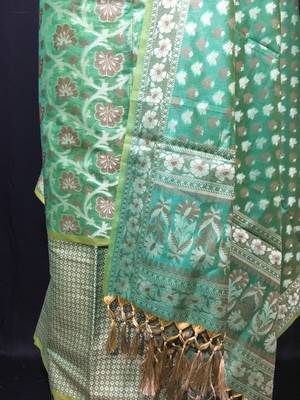 green woven banarasi cotton unstitched salwar with dupatta 3