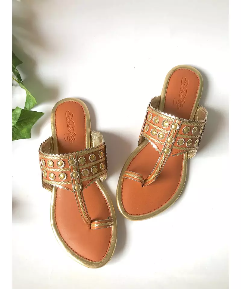 Tan Gold Filigree Kolapuri Flats