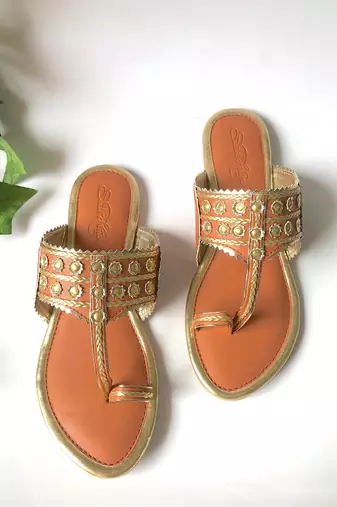 Tan Gold Filigree Kolhapuri Flats