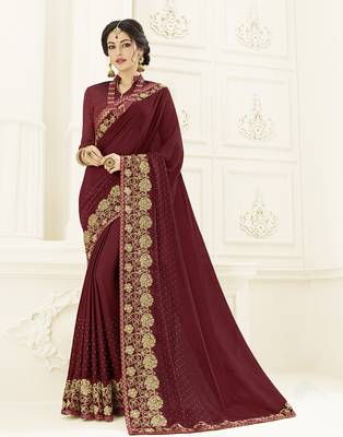 Maroon embroidered chiffon saree with blouse 1