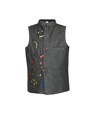 Musical Instrument Embroidered Denim Nehru Jacket 1