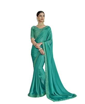Sea green embroidered satin saree with blouse 1