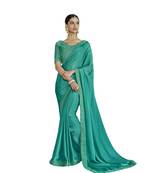 Sea green embroidered satin saree with blouse