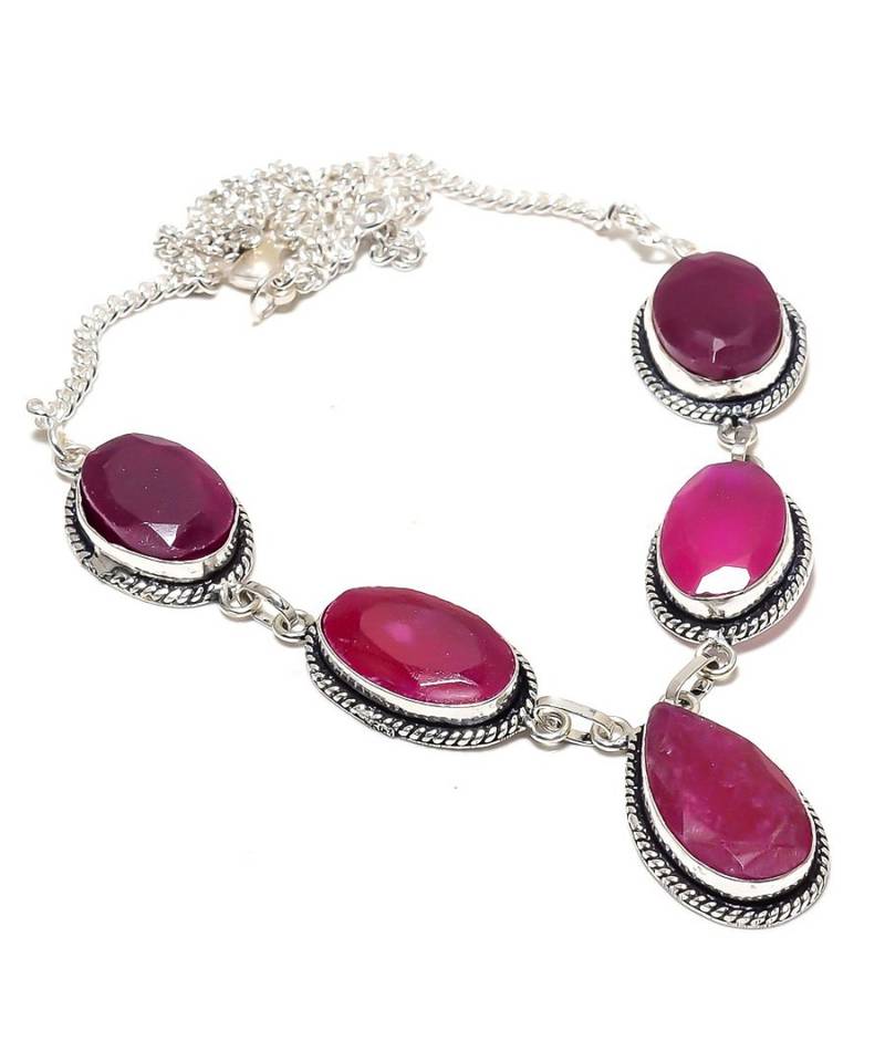 Ruby Gemstone Ethnic  Silver Jewelry Necklace 18 Inches