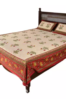 Beige Sanganeri Cotton Printed Double Bed Size Bedsheet