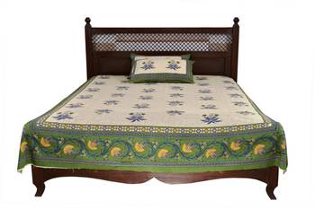 Beige Sanganeri Cotton Printed Double Bed Size Bedsheet 1