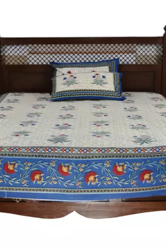 Beige Sanganeri Cotton Printed Double Bed Size Bedsheet