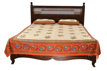 Beige Sanganeri Cotton Printed Double Bed Size Bedsheet 1