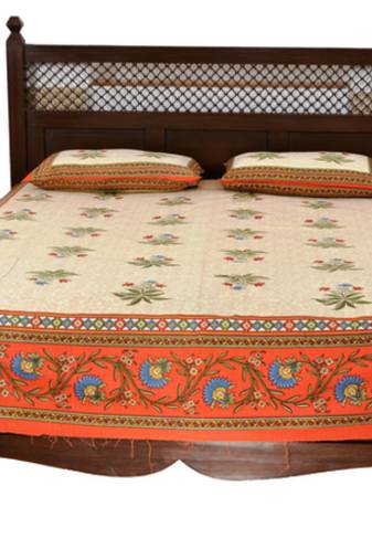 Beige Sanganeri Cotton Printed Double Bed Size Bedsheet