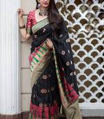 Black Color Satin Silk Designer Printed Saree With Blouse