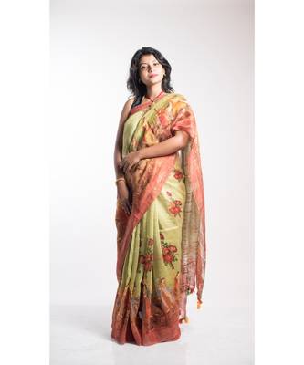 Yellow Printed Linen Saree With Blouse 1