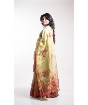 Yellow Printed Linen Saree With Blouse 2