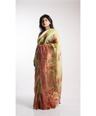 Yellow Printed Linen Saree With Blouse 3
