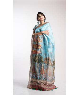 Turquoise Printed Linen Saree With Blouse 1