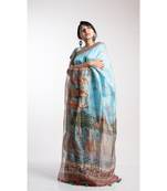 Turquoise Printed Linen Saree With Blouse