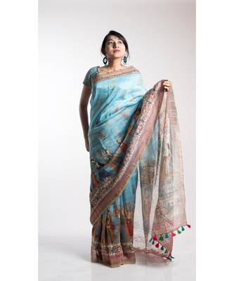 Turquoise Printed Linen Saree With Blouse 2