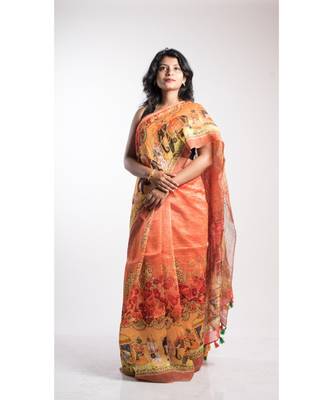 Orange Printed Linen Saree With Blouse 1