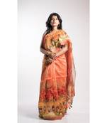 Orange Printed Linen Saree With Blouse