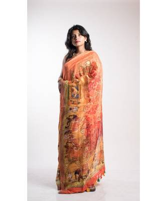 Orange Printed Linen Saree With Blouse 2
