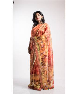 Orange Printed Linen Saree With Blouse 3
