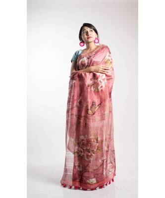 Pink Printed Linen Saree With Blouse 1