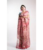 Pink Printed Linen Saree With Blouse