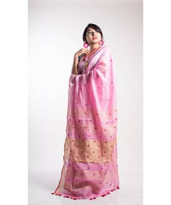Pink Linen Embroidery Saree With Blouse 1