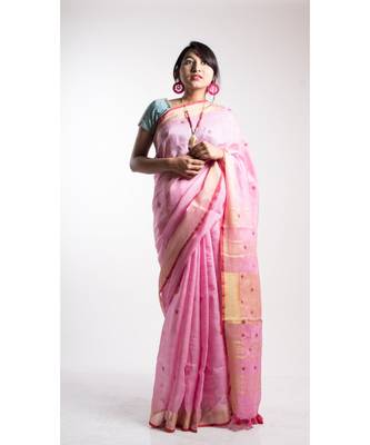 Pink Linen Embroidery Saree With Blouse 2