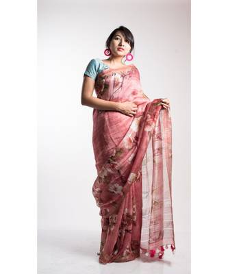 Multicolor Printed Linen Saree With Blouse 2