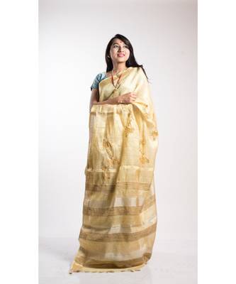 Gold Tissue Linen Embroidery Saree With Blouse 1