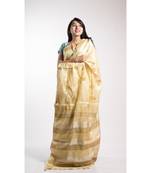 Gold Tissue Linen Embroidery Saree With Blouse