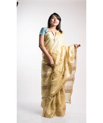 Gold Tissue Linen Embroidery Saree With Blouse 2