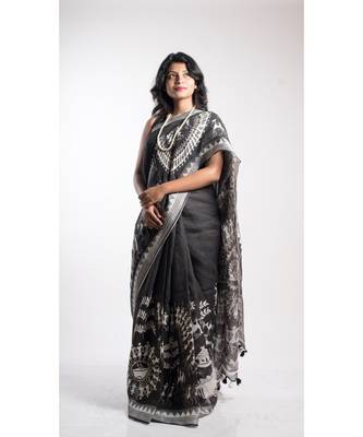 Black Printed Linen Saree With Blouse 1