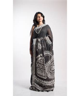 Black Printed Linen Saree With Blouse 2