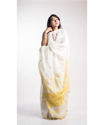 White Linen Embroidery Saree With Blouse 1