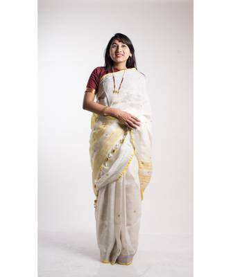 White Linen Embroidery Saree With Blouse 2