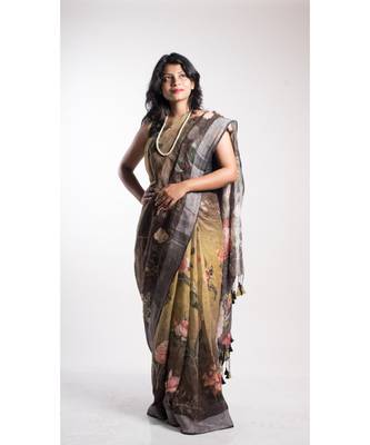 Multicolor Printed Linen Saree With Blouse 1