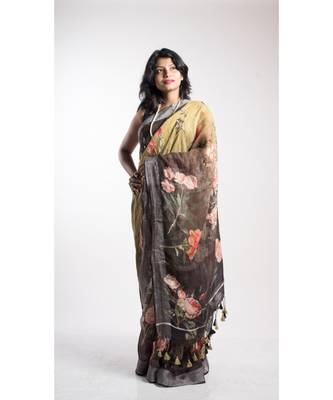Multicolor Printed Linen Saree With Blouse 2