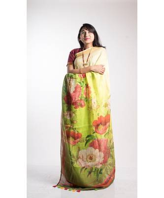Multicolor Printed Linen Saree With Blouse 1