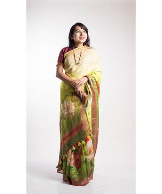 Multicolor Printed Linen Saree With Blouse 2