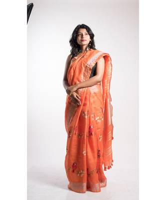 Orange Linen Embroidery Saree With Blouse 1