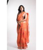 Orange Linen Embroidery Saree With Blouse