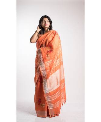 Orange Linen Embroidery Saree With Blouse 2