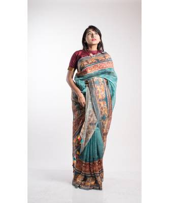 Multicolor Printed Linen Saree With Blouse 2