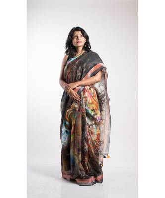 Multicolor Printed Linen Saree With Blouse 1